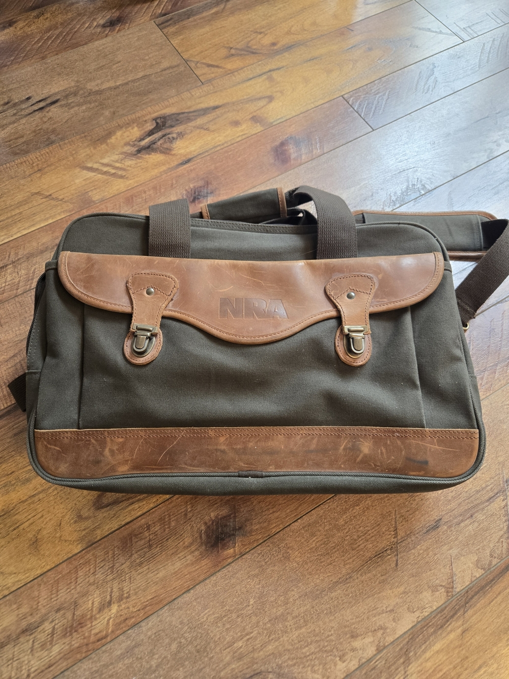 Olive Canvas with Brown Leather Trim Duffle/messenger Bag With NRA Stamping